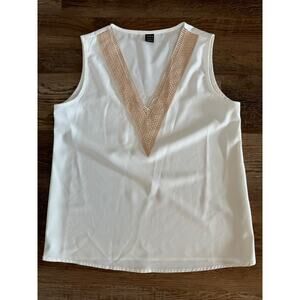 Shein Women's White Tank Top Size Small/4 With Cream Neck Detail Business